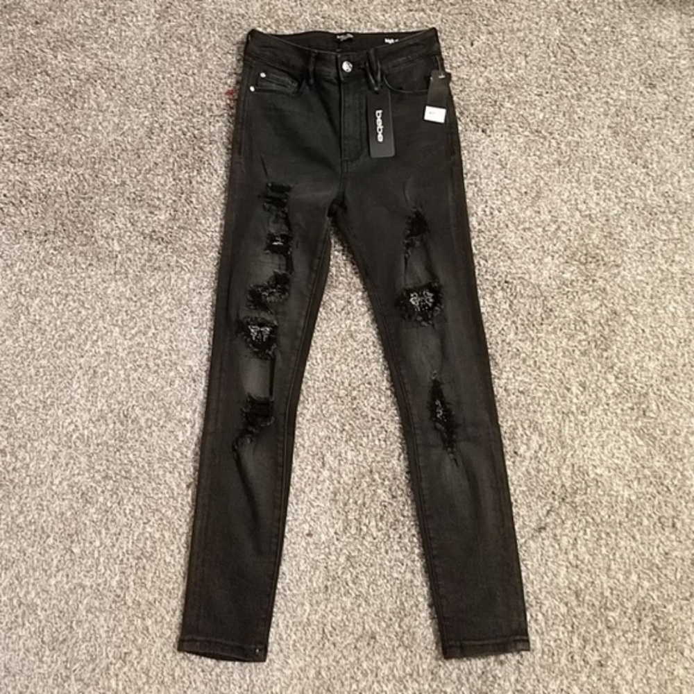 Black Bebe High Rise Skinny Jeans w/ Beading